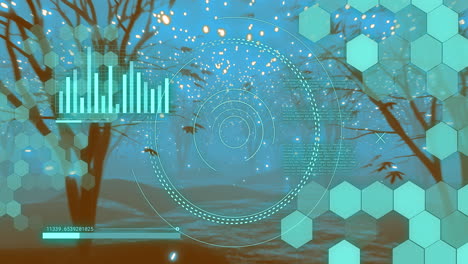 escáner circular y procesamiento de datos sobre luces y sendero arbolado por la noche