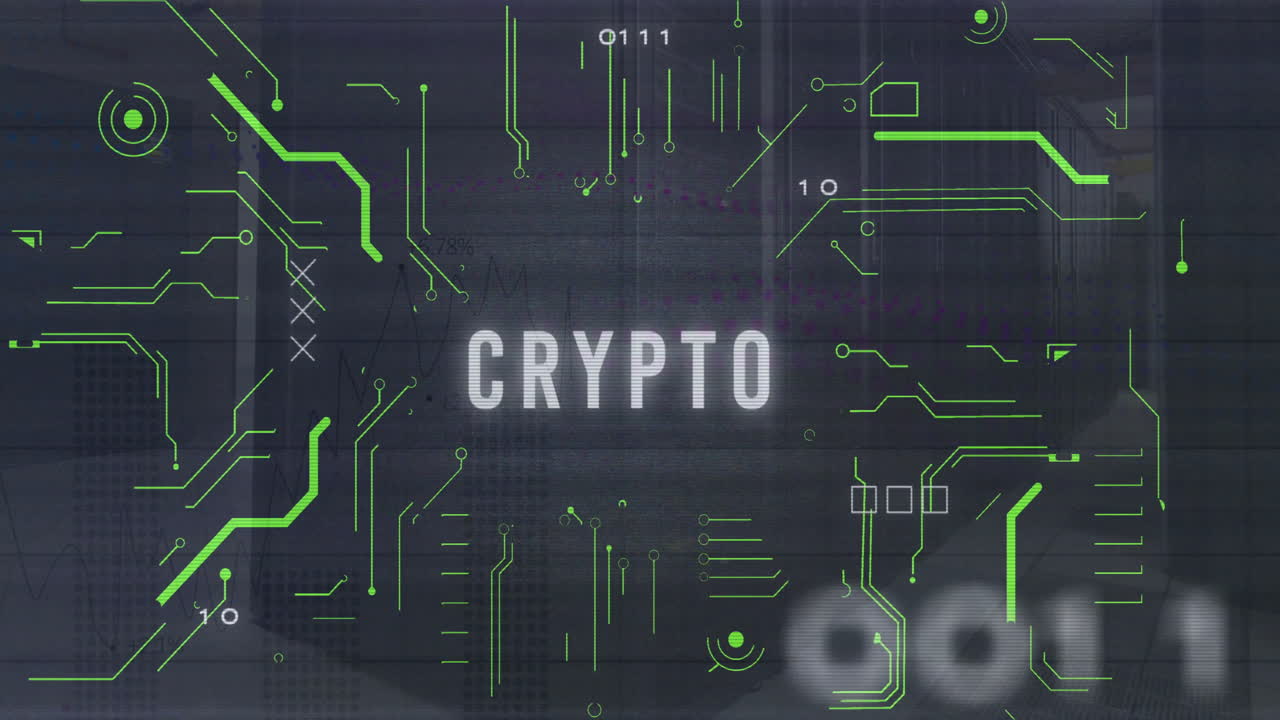 데이터 서브 에서 회로 보드 패턴과 함께 암호 텍스트와 이진 코드의 애니메이션