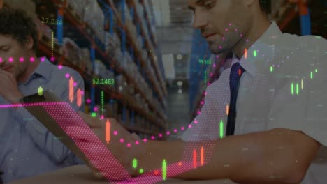 animación del procesamiento de datos financieros sobre diversas personas de negocios en el almacén