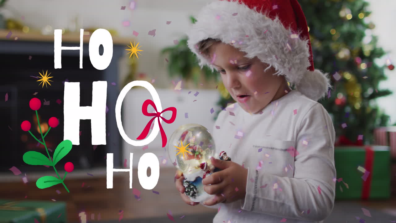 animación de navidad ho ho ho texto sobre niño caucásico en sombrero de santa en navidad