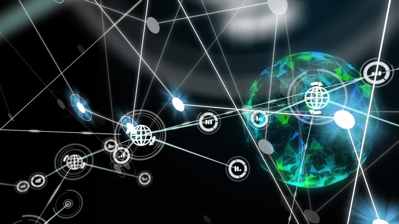 Animation af netværk af digitale ikoner over en globus med et plexus-netværk, der spinner mod en sort baggrund