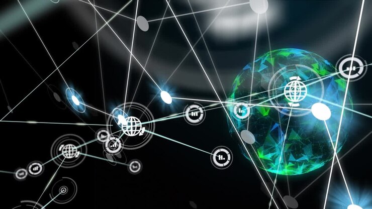 Animation of network of digital icons over globe of plexus network spinning against black background