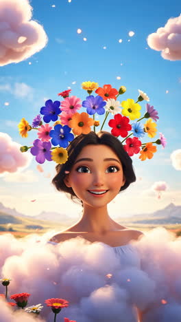smiling animated girl with a colorful flower crown