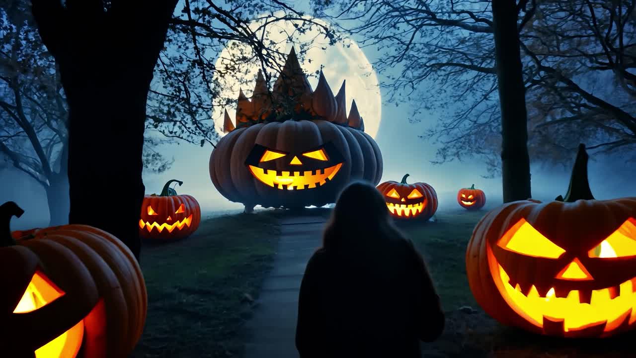 una persona camina hacia una gran casa de calabaza en un bosque espeluznante durante halloween