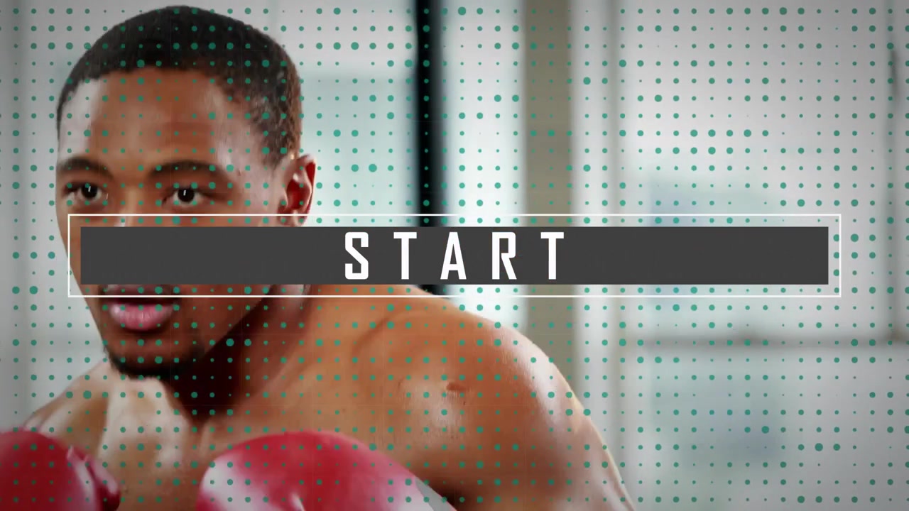 Male boxer with red gloves throwing jabs and slipping in training, dot overlay, START bar glitching