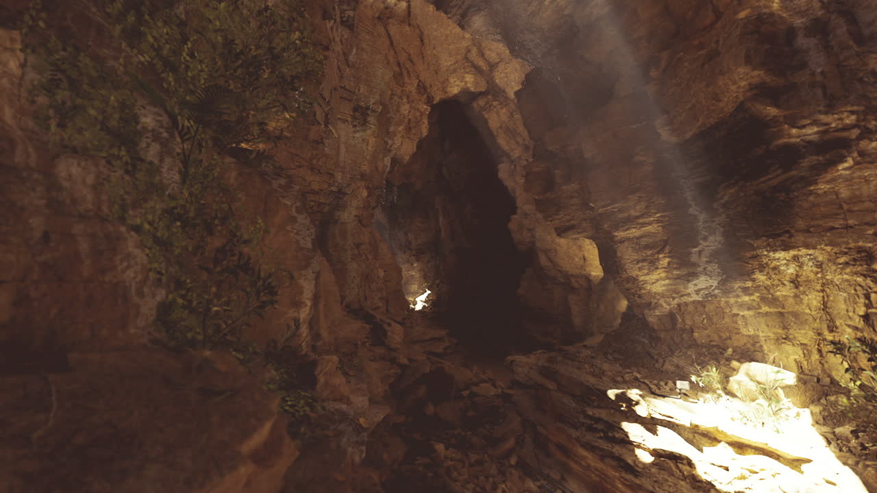 Caldi raggi dorati illuminano il soffitto irregolare di una grotta e particelle di polvere