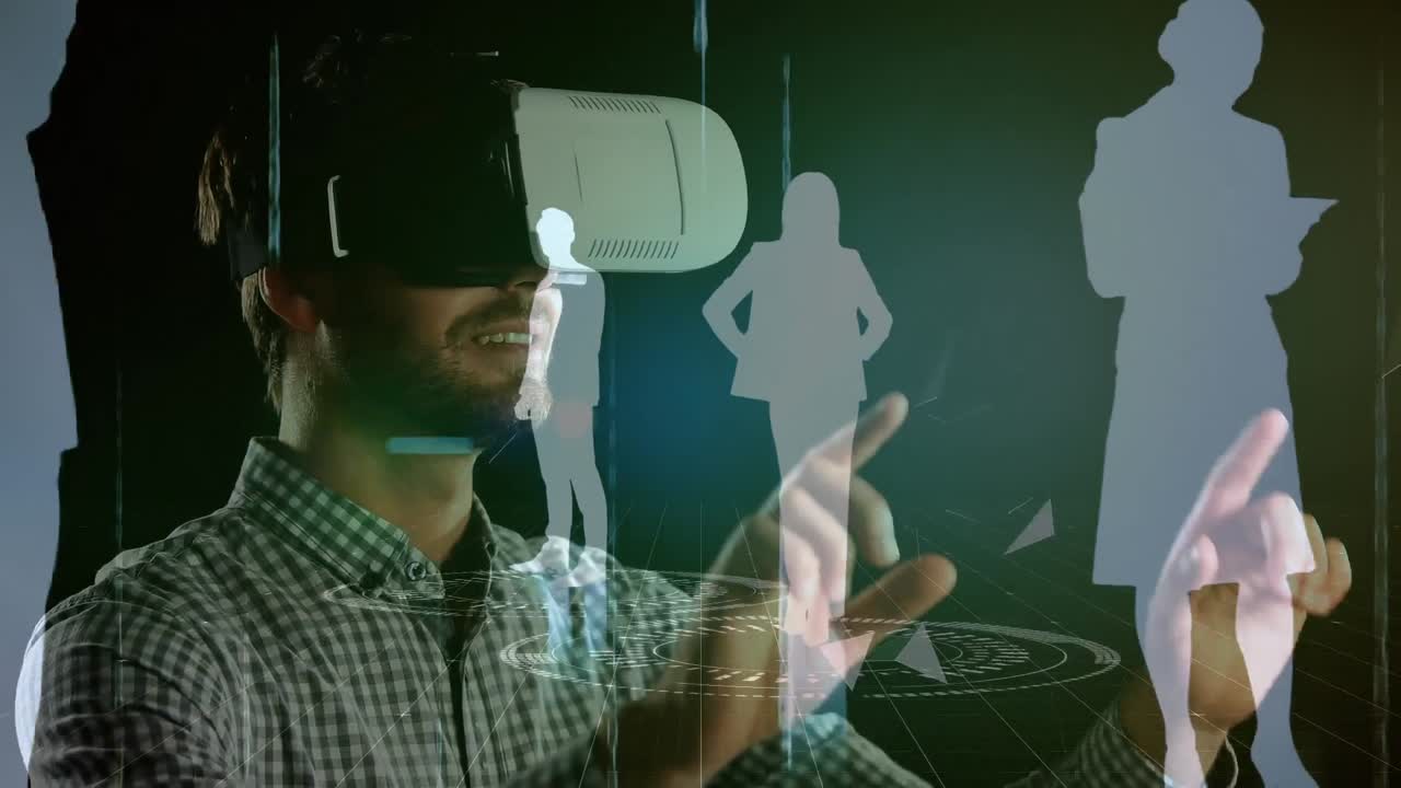 Man with virtual reality headset with data