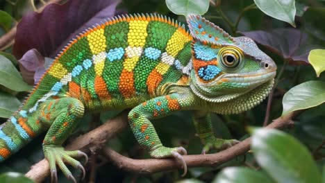 colorful panther chameleon climbing on a branch among green leaves
