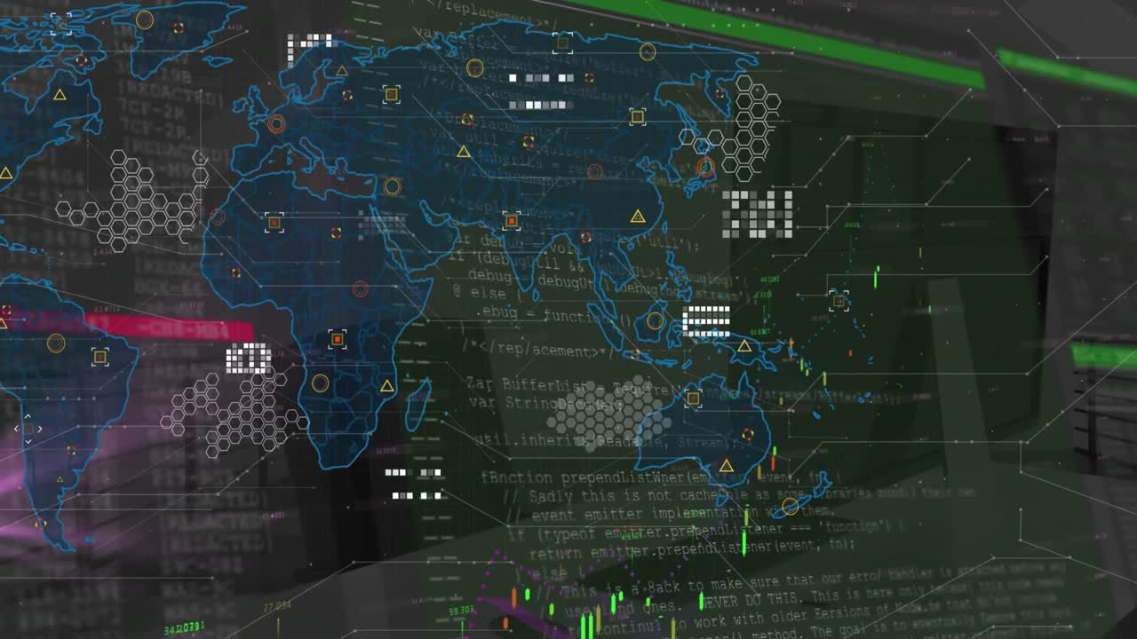 Animation of world map, icons, graphs and data processing on dark green background