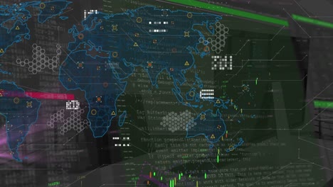 Animation-of-world-map,-icons,-graphs-and-data-processing-on-dark-green-background