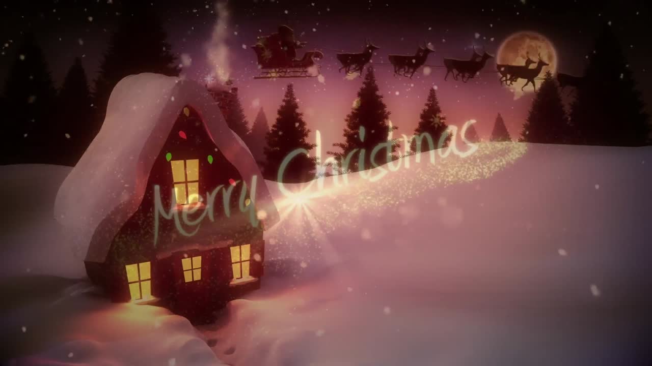 texto de feliz navidad y copos de nieve cayendo contra la casa en el paisaje de invierno contra el cielo nocturno