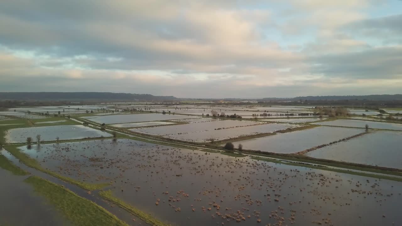 BURROWBRIDGE, SOMERSET, ENGLAND, December 29, 2019: Aerial view of some flooded fields near Burrowbridge village.