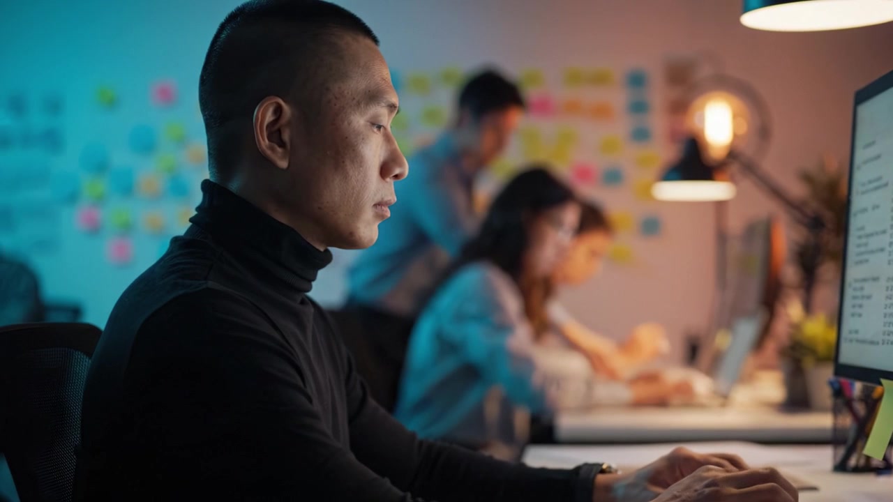 Focused Professional Engaged in Work at a Modern Office with Colleagues, Surrounded by Innovative Ideas Presented on Colorful Sticky Notes in a Collaborative Environment