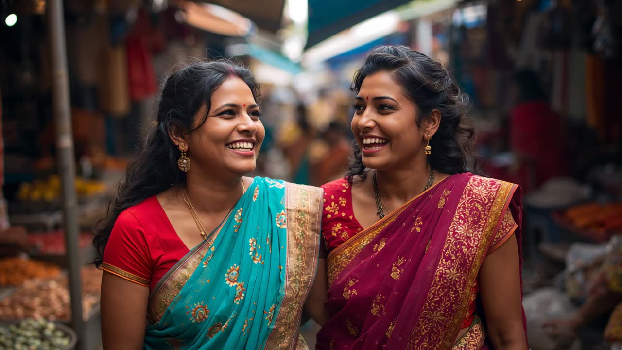 Entering busy marketplace, two Indian women in saris walking, chatting, browsing produce stalls