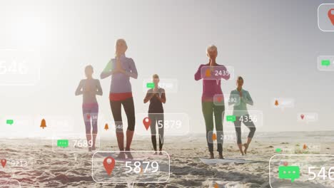 animation of social media notifications, over women exercising on beach