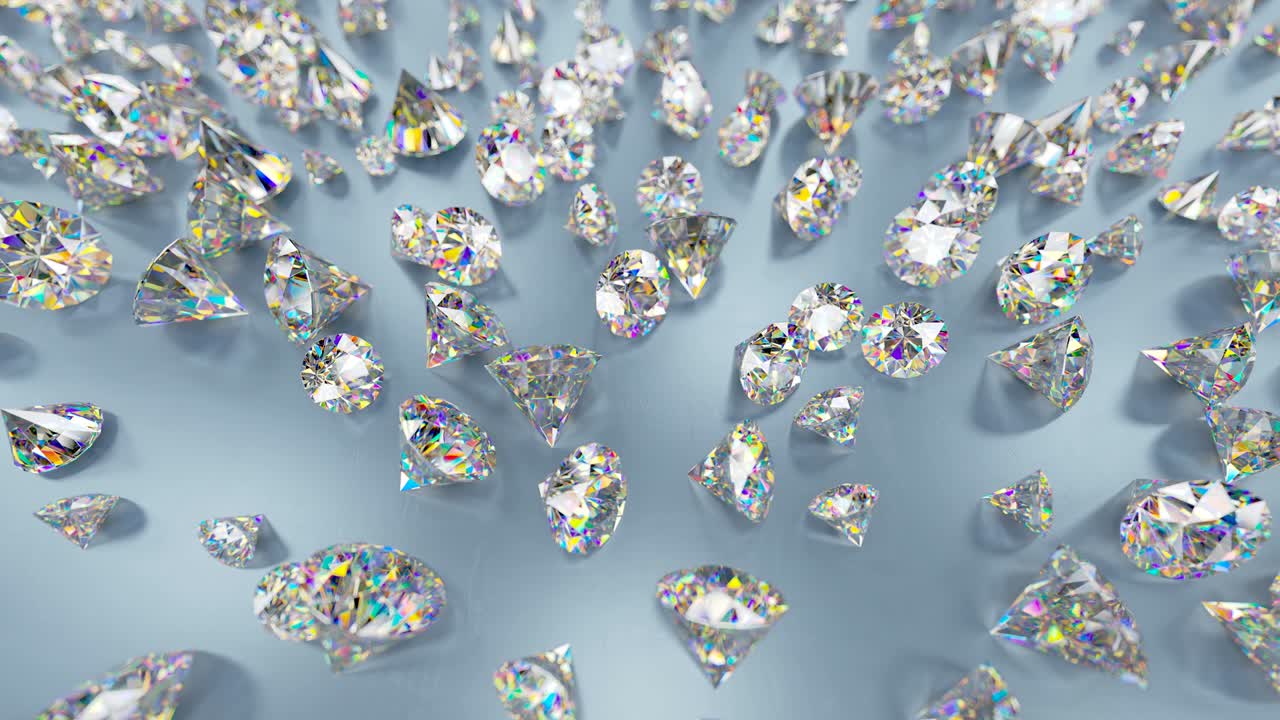 Scattered brilliant diamonds 3D render seamless loop animation