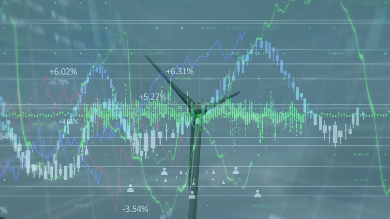 풍력 터빈 위에 있는 금융 데이터 처리 및 아이콘의 애니메이션
