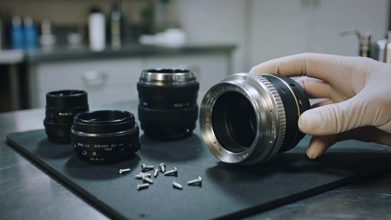 Entering gloved hand picking up, rotating and inspecting camera lens on work mat, with screws