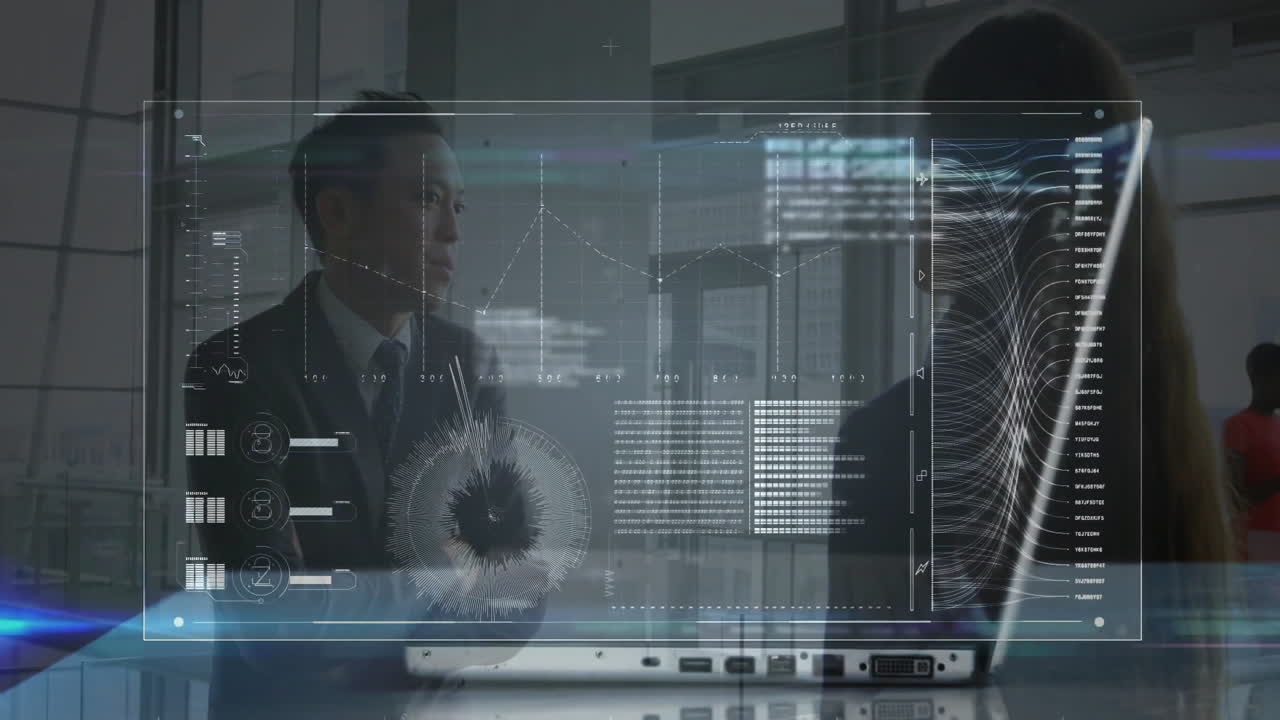 Two professionals presenting data in corporate office, with floating holographic graphs and charts