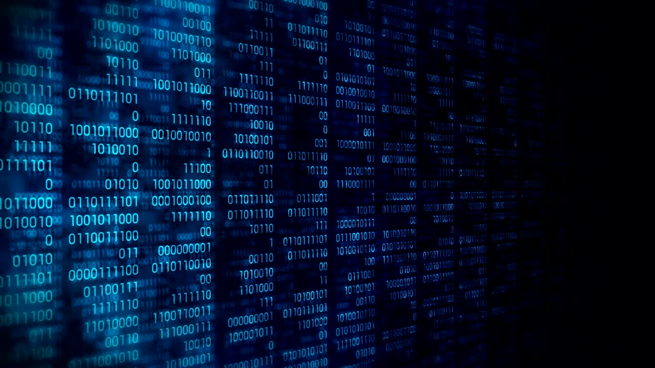 Binary code dark blue background. Web online streaming with digital technology loop animation. Number zero and one. Computer network.