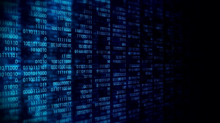 Binary code dark blue background. Web online streaming with digital technology loop animation. Number zero and one. Computer network.