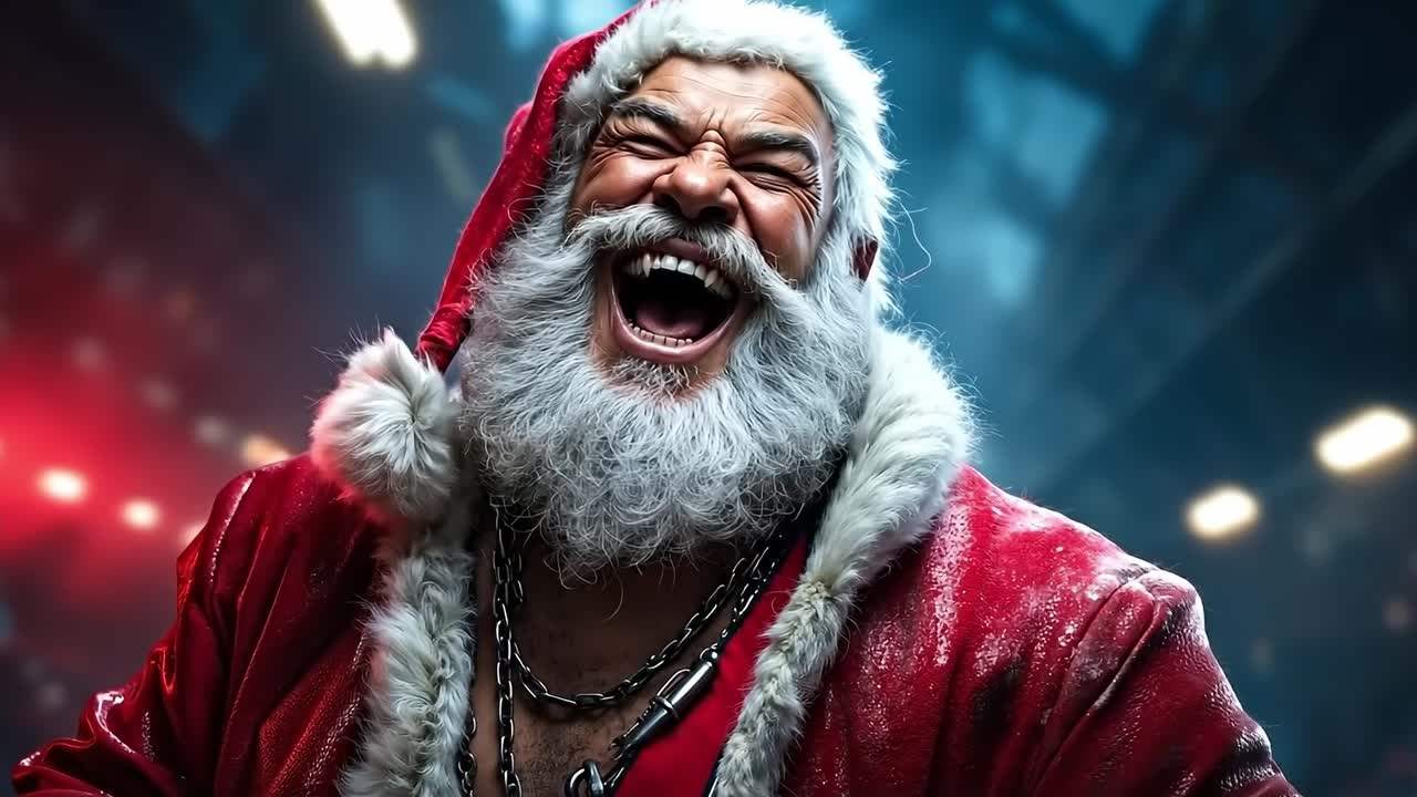 A man in a santa claus outfit laughing with his mouth open