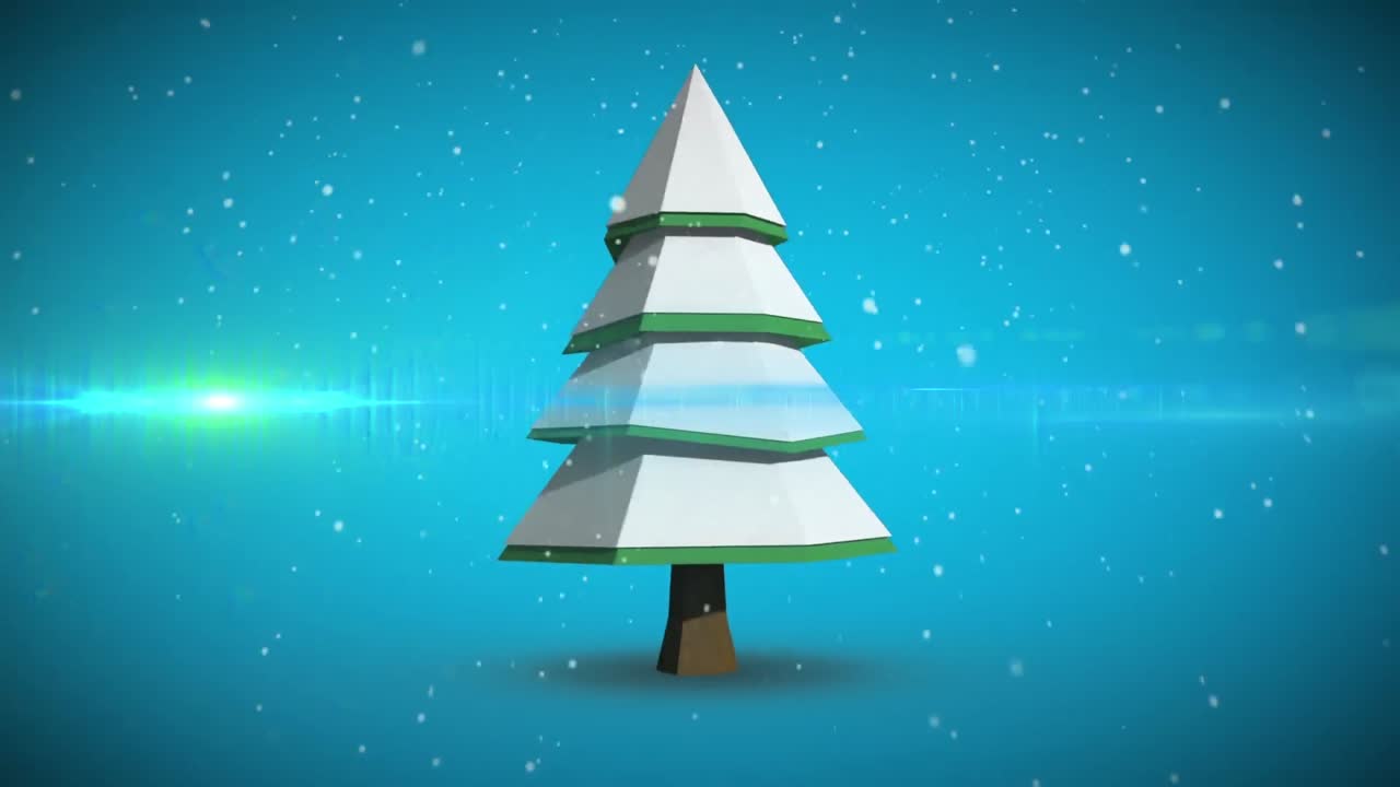 Animation of snow falling and light trails over tree on blue background