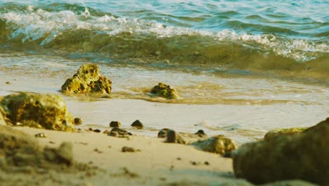 Olas-Azules-Del-Mar-Que-Se-Lavan-En-Una-Playa-Rocosa-En-Willemstad,-Curacao