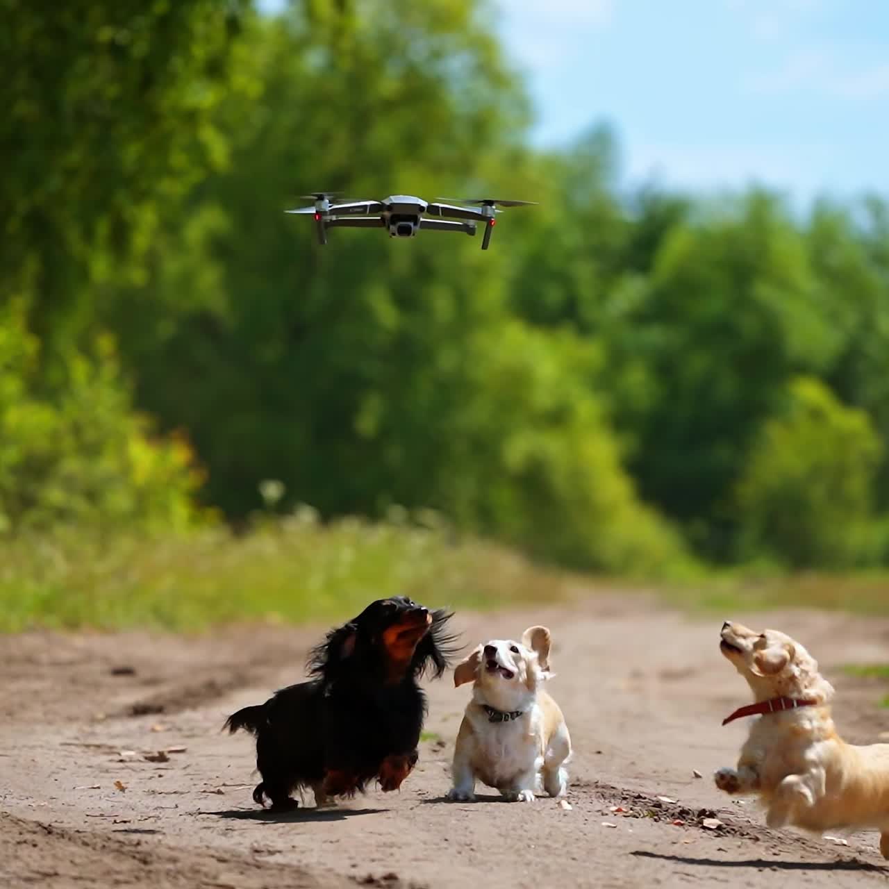 Three dogs playing outside. Looking above and running ahead. Trying to catch dron or quadrocopter. Nature background. Small breeds. Video of cute dogs.