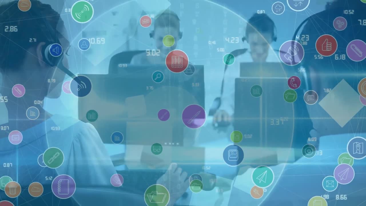 전화 헤드 ⁇ 을 사용하는 비즈니스 사람들에 대한 아이콘과 연결 네트워크의 애니메이션