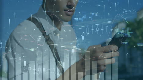 animation of financial data processing over biracial man using smartphone