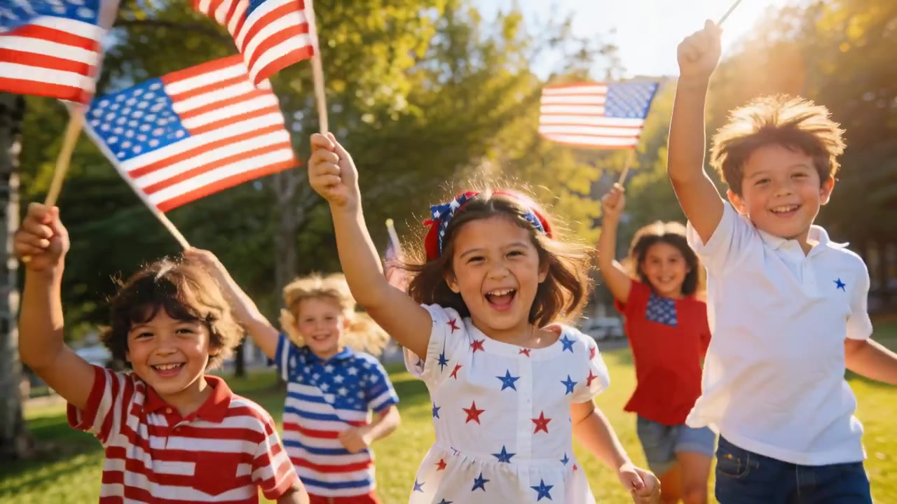 Starting, center girl in star tee leading five kids toward lens in local park, waving flags