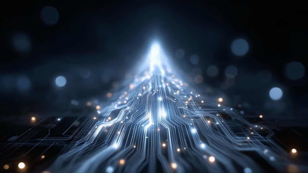 A mesmerizing journey through a futuristic digital network, showcasing intricate circuits illuminated by glowing lights that represent data flow and technology advancement