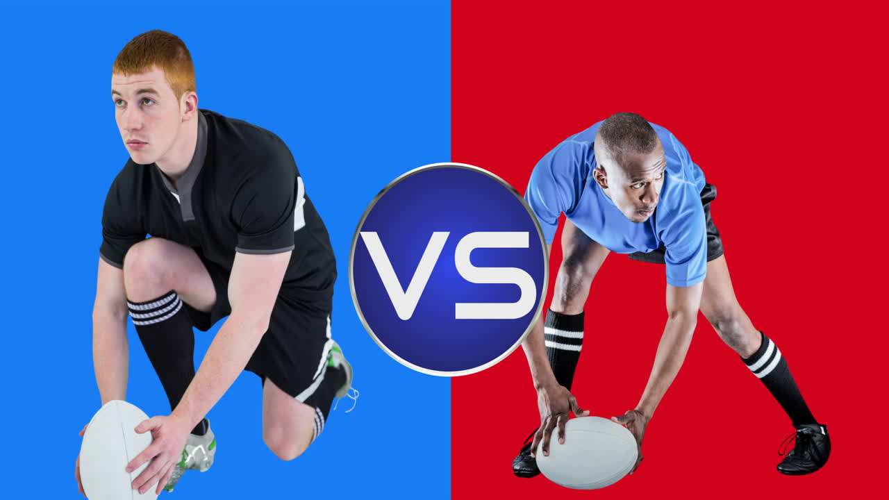 파란색과 빨간색 배경 위에 공을 들고 있는 다양한 남성 럭비 선수들의 애니메이션