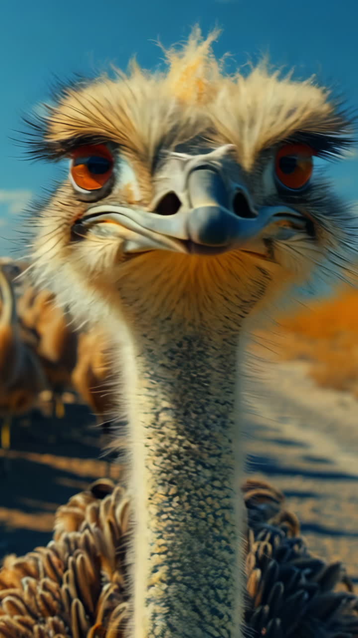 A Group of Ostriches Walking Along a Dusty Road in Bright Sunlight. A curious ostrich leads a flock along a dusty road under a bright blue sky. Vertical video
