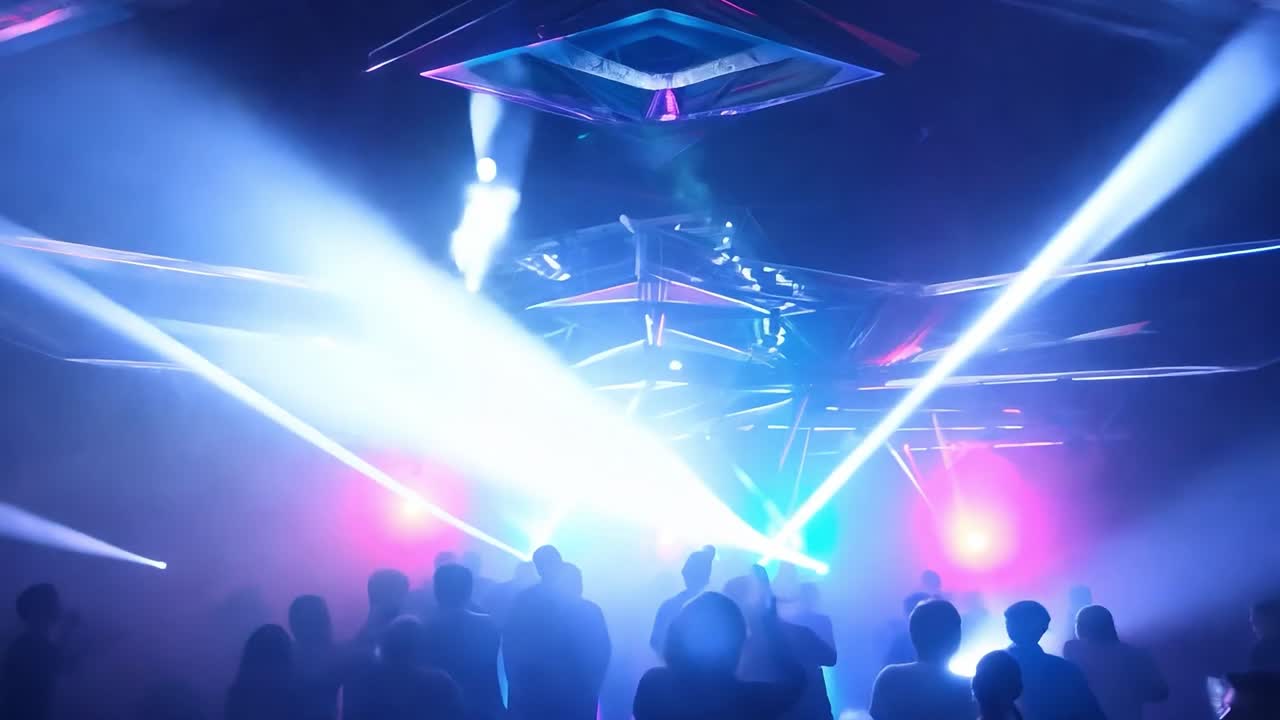 Energetic crowd enjoying a vibrant nightclub atmosphere, surrounded by colorful lights and dynamic laser displays creating an electrifying experience