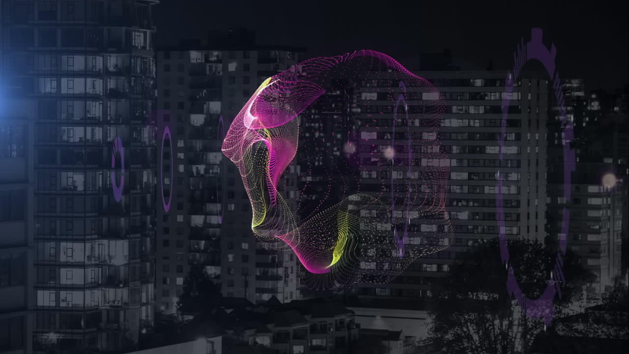 Animation of data processing, cityscape and connections