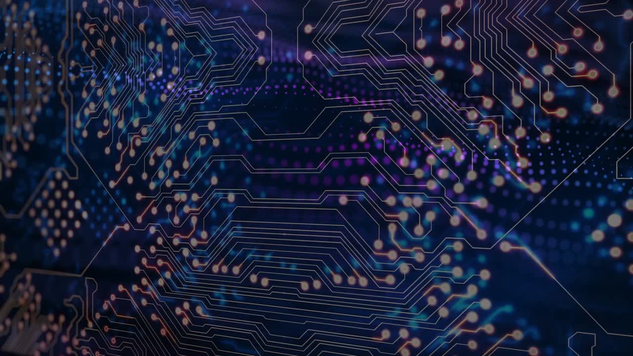 Schema PCB con messa a fuoco iniziale a sinistra, che scansiona a destra, poi si sposta a sinistra, con nodi pulsanti che indicano un flusso di dati.