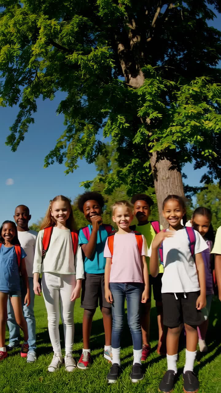 A group of happy children with backpacks outdoors, smiling and waving
