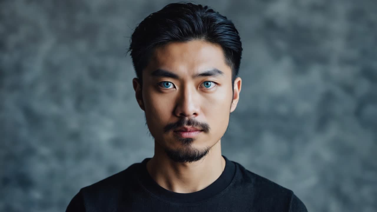Portrait of an Asian man with blue eyes