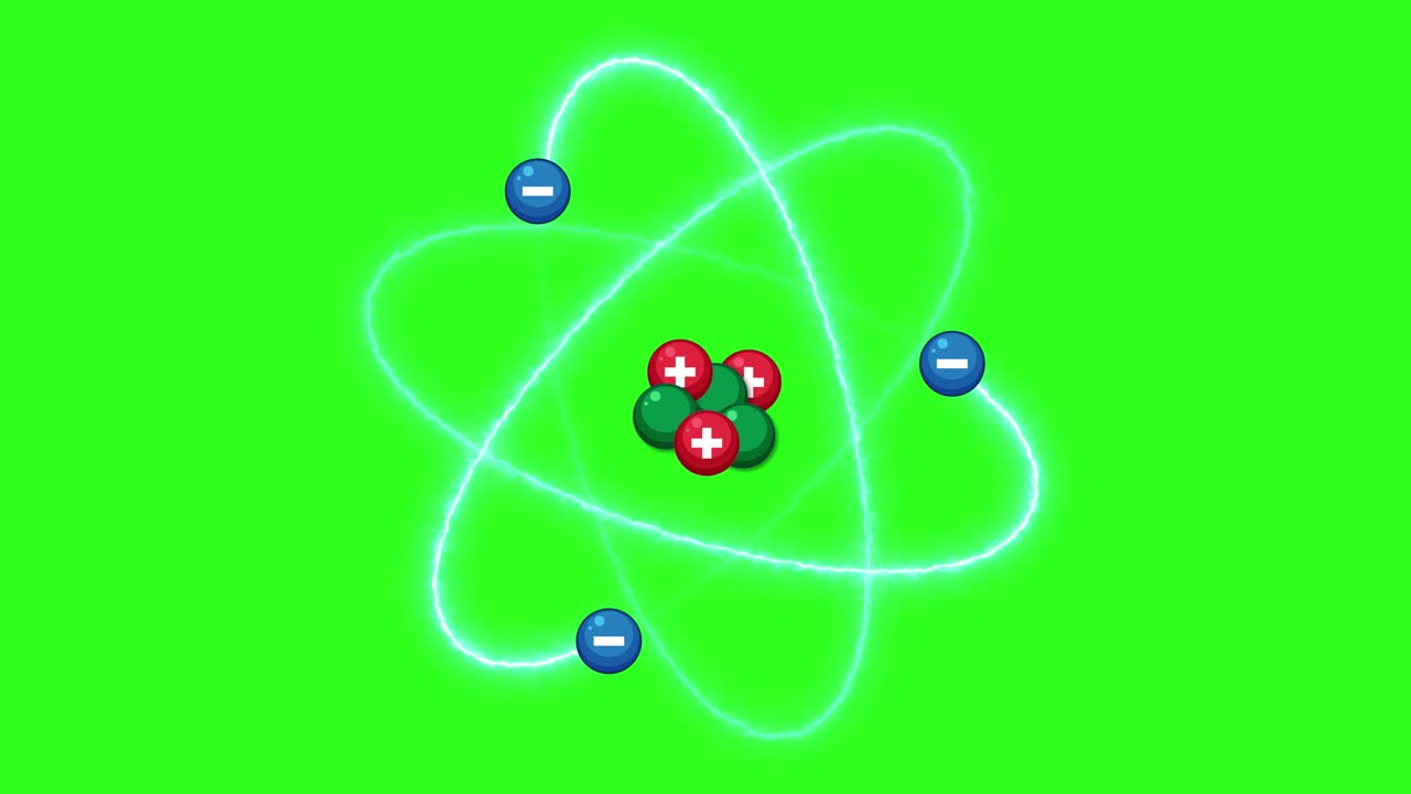 3D atom model rotates, electrons orbit nucleus, vivid green background, smooth camera zoom-in effect