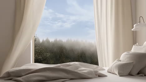 serene bedroom view of a misty forest