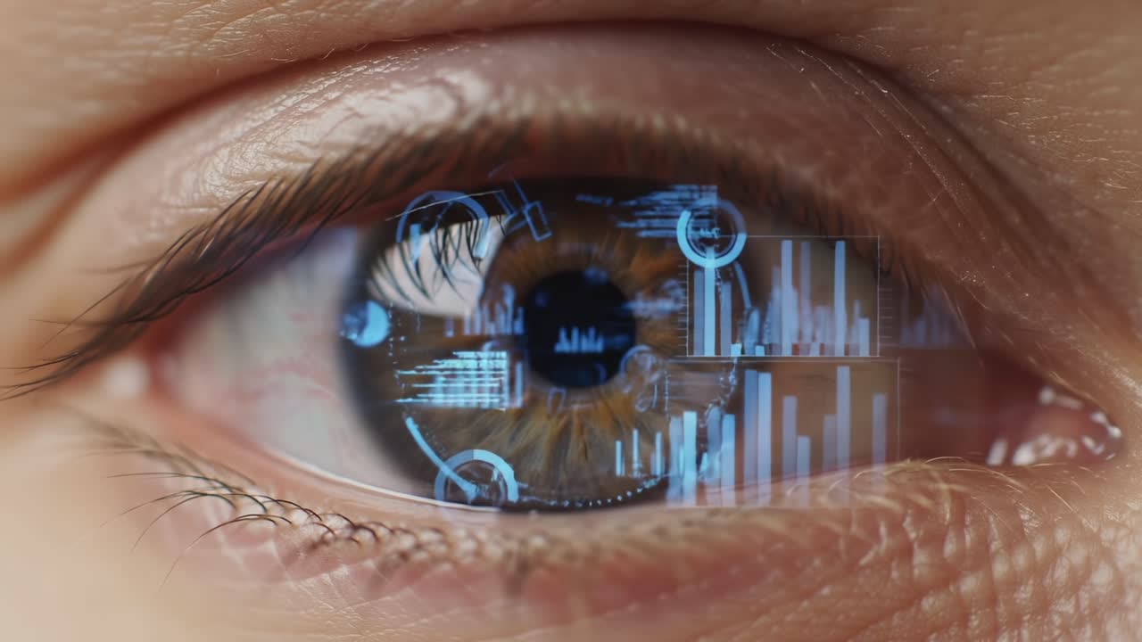 A Close-Up of an Eye with Reflected Data Visualizations, Illustrating the Intersection of Human Perception and Digital Analytics