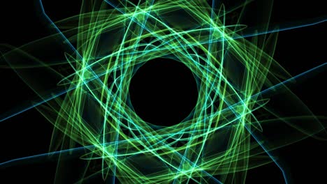 animación fractal verde abstracta en composición hexagonal, bonito ornamento simétrico que gira sobre un fondo negro