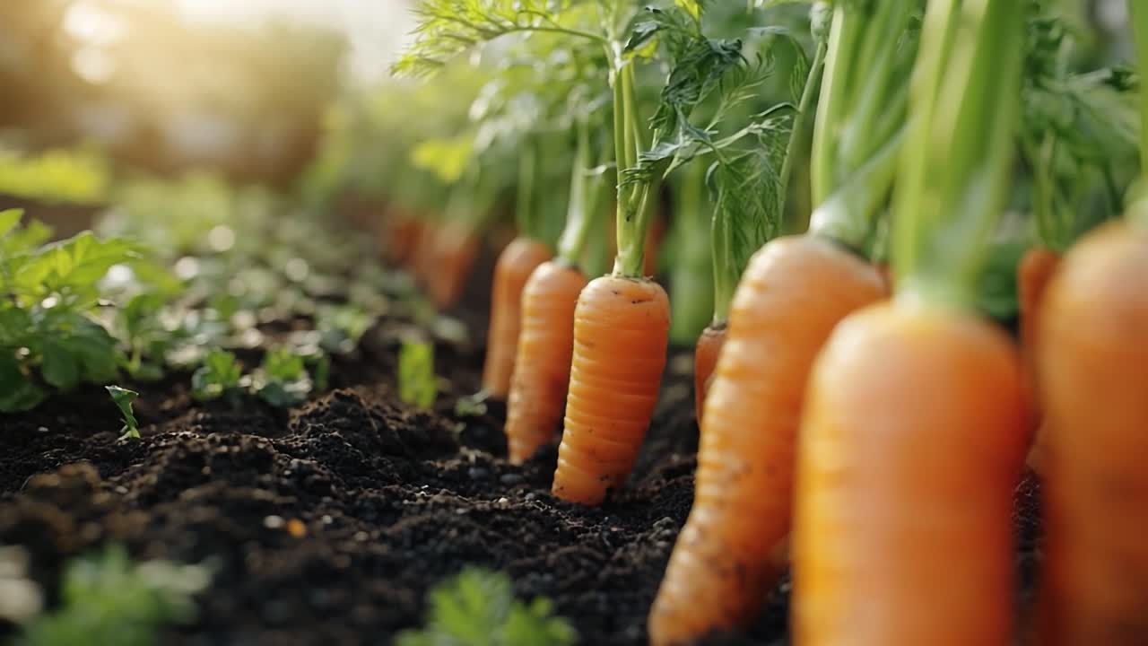 Freshly harvested carrots in a garden. Rows of vibrant orange carrots grow in rich soil, basking in warm sunlight in an outdoor garden setting.