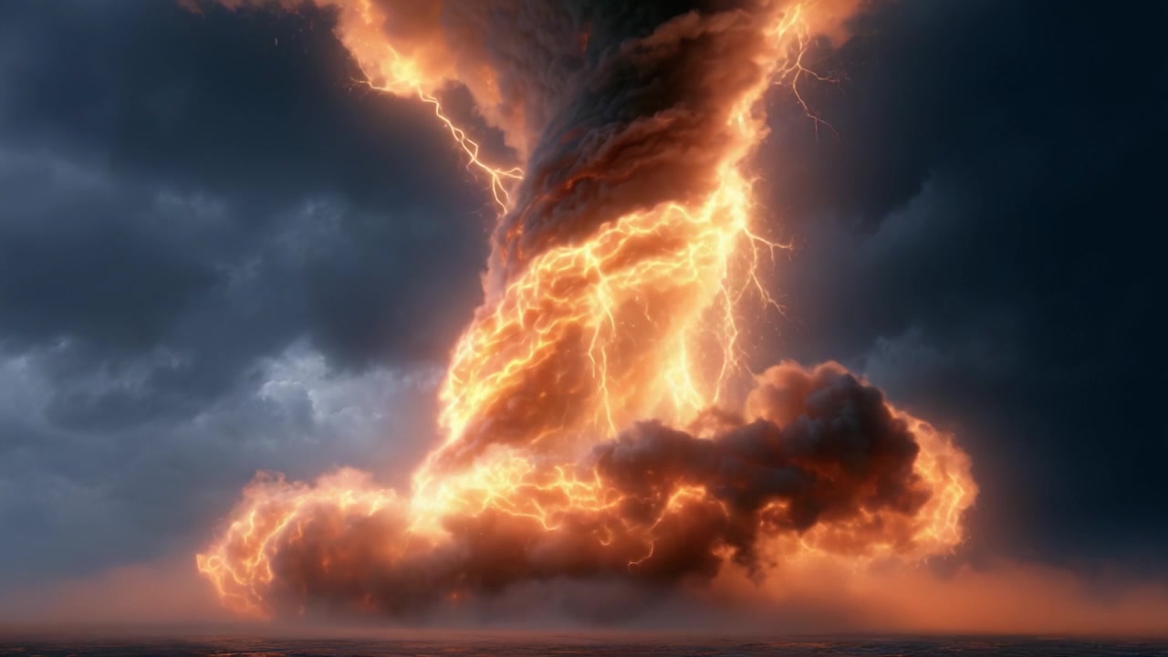 En dramatisk fremstilling af en kraftig lynstorm, der illustrerer den unikke, ærefrygtindgydende hvirvel af flammende skyer og elektrisk energi under en mørklagt himmel.