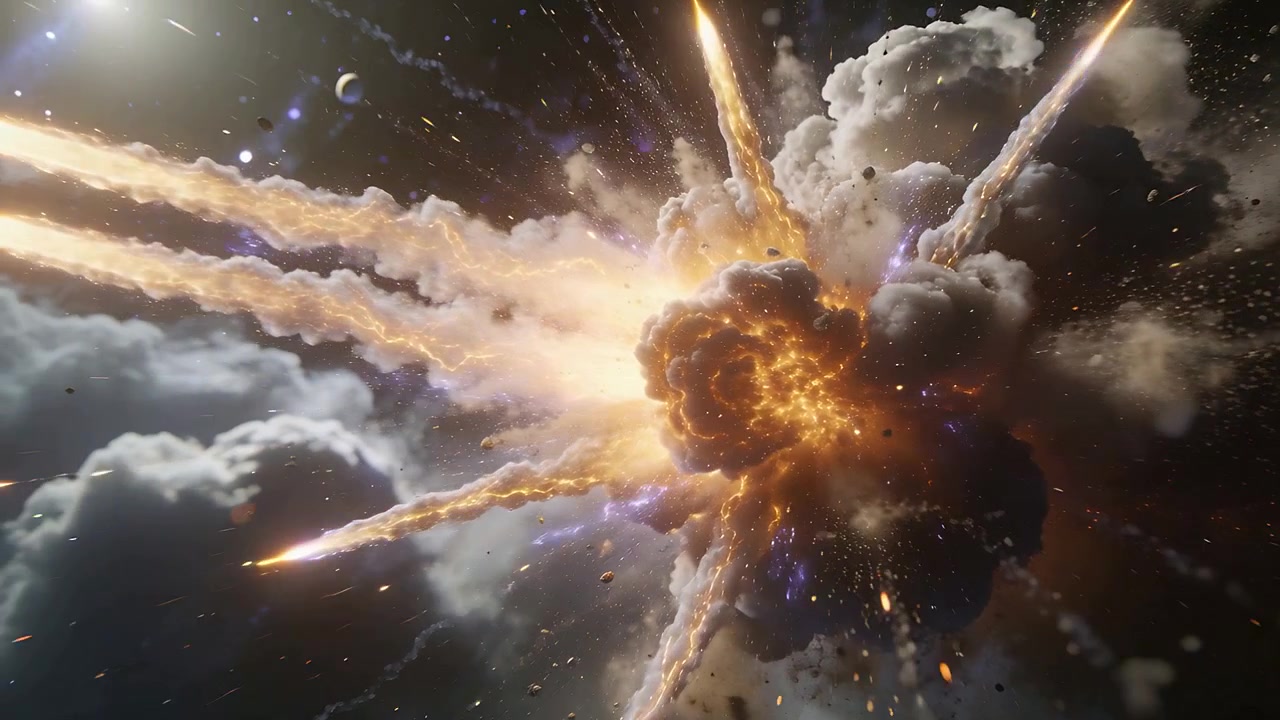 Exploding core reacting to incoming projectile trails, sending radial fiery plumes across space
