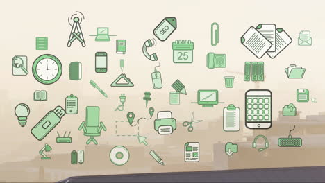 cluster of green-black office and technology icons moving across hazy urban skyline in flat design