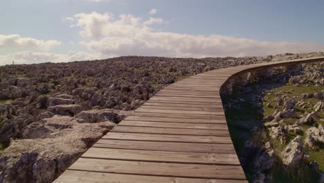 vuelo bajo sobre pasarela de madera en terreno rocoso