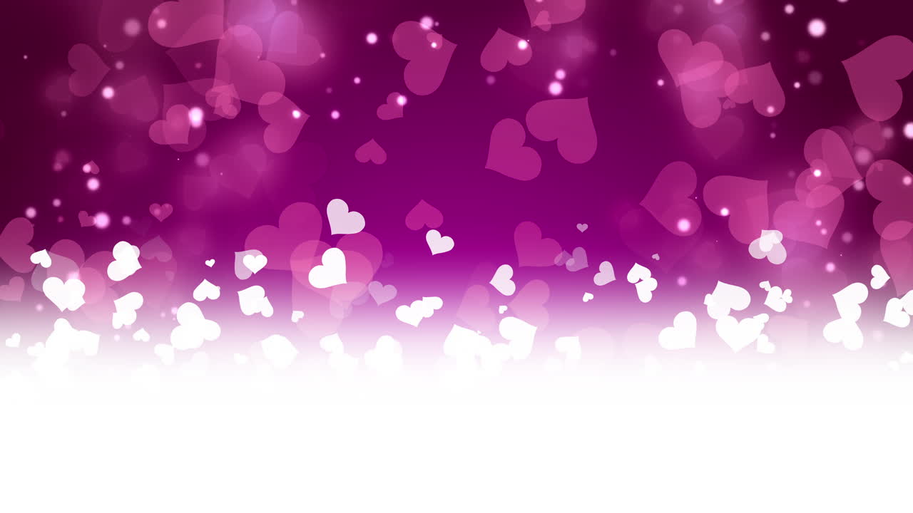 Animated festive valentine greeting card with blank white space for text. Shapes of hearts circling on a purple looped background.